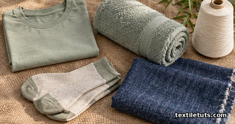 Flat-lay of bamboo knit T-shirt, sage bath towel, bamboo socks, indigo denim swatch, and undyed bamboo yarn cone on jute fabric.