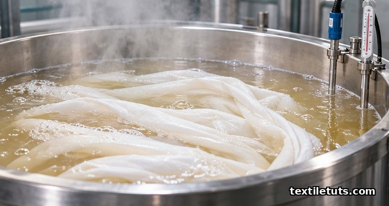 Bleached white cotton fabric submerged in a stainless steel peroxide bleaching bath with steam rising.