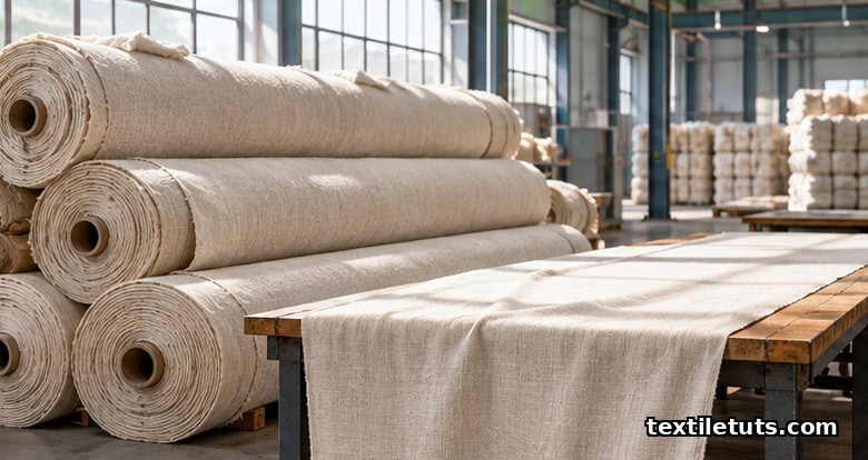 Stacked rolls of greige cotton fabric on a mill floor, off-white cloth with visible weave texture in soft daylight.