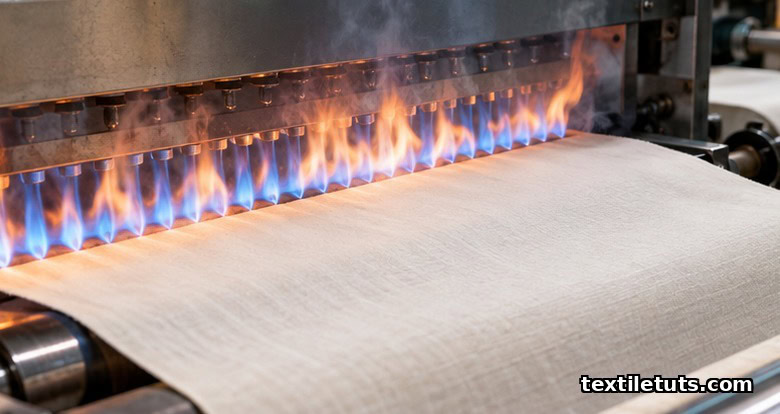 Cotton fabric passing over bright blue gas-flame burners in a singeing machine, cleaning surface fibres.
