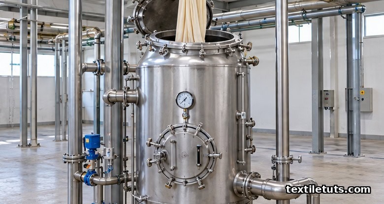 Tall vertical stainless steel pressure kier vessel for batch alkali scouring inside a textile dyehouse.