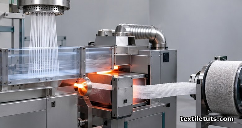 BCF carpet yarn extrusion line with filaments emerging from a spinneret, quenched, drawn, and texturized by a hot air jet.