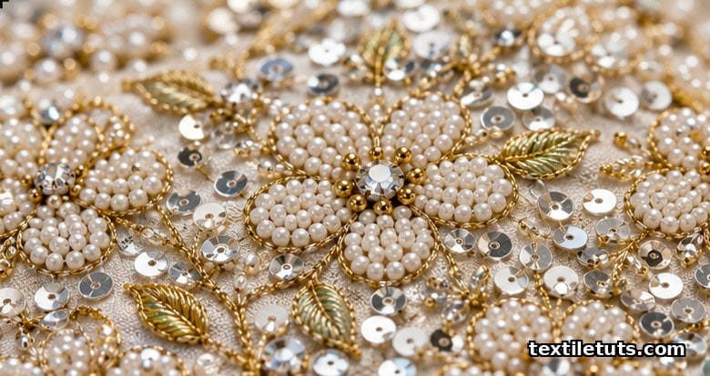 Macro close-up of a bridal satin panel embellished with clustered pearl beads and reflective silver sequins forming a floral motif.