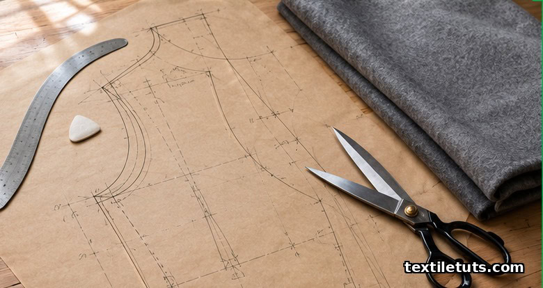 Brown paper pattern pieces laid on a wooden cutter's table with tailor's shears, chalk, and horsehair canvas.
