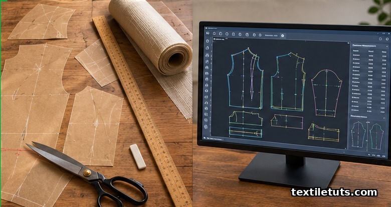 Hand-drafted brown paper pattern beside a digital pattern-grading screen, contrasting bespoke and made-to-measure methods.