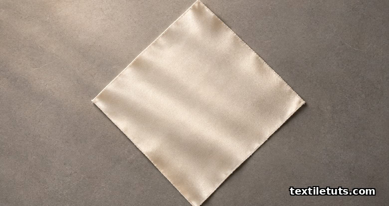 Square silk charmeuse swatch rotated 45° on a cutting table to show the bias grain direction.