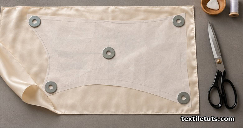 Overhead flat-lay of a pattern piece weighted with metal washers on silk fabric with fabric shears and thread.