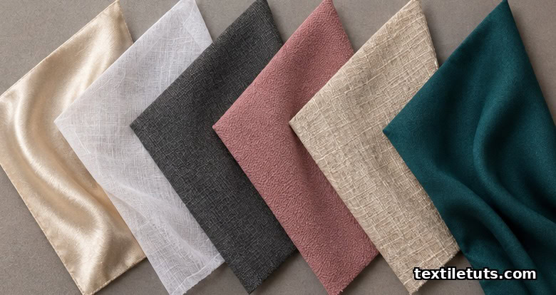 Row of six fabric swatches cut on the true bias: silk charmeuse, cotton lawn, wool gabardine, polyester crepe, linen, rayon challis.