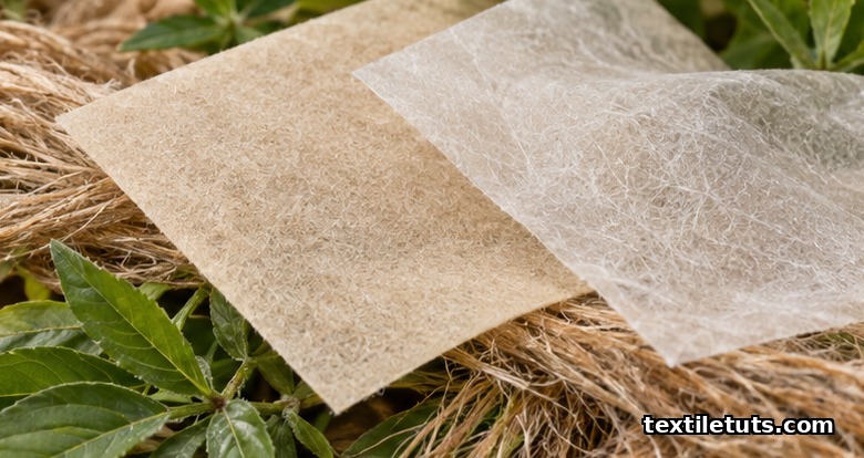 Pale PLA and lyocell nonwoven swatches laid over dried jute fiber bundles and fresh green leaves.