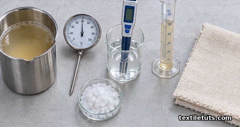 Overhead still life of bio-desizing bath process controls including thermometer, pH probe, dosing cylinder and cotton swatch.