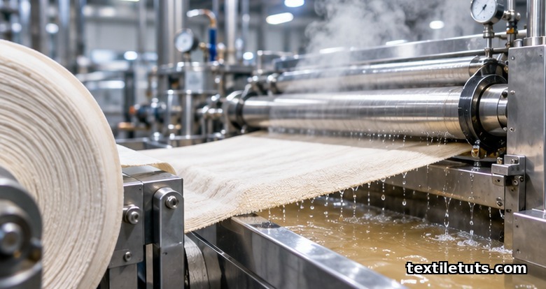 Starch-sized greige cotton fabric passing through an enzymatic desizing bath on a textile wet-processing range.