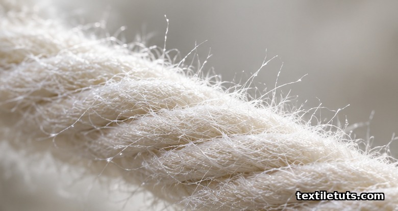 Extreme macro close-up of cotton yarn surface showing microfibrils projecting from twisted cellulose fiber bundles during bio-polishing.