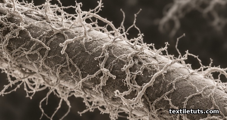 Microscopic view of a cotton fiber surface with protruding microfibrils before enzyme bio-polishing.