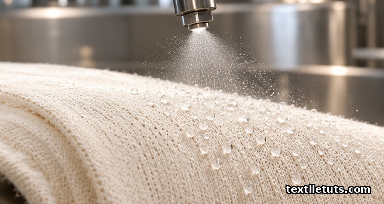 Cotton knit fabric receiving a warm enzymatic spray bath in an industrial bio-polishing setup.