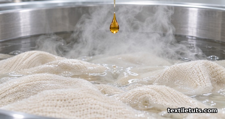 Pale cotton knit fabric floating in a steaming cellulase enzyme treatment bath inside a stainless steel bio-polishing vessel.