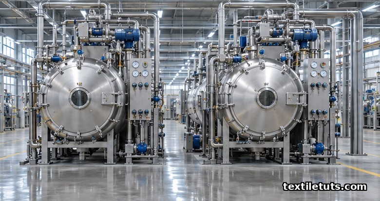 Wide view of an industrial textile finishing floor with two stainless steel jet dyeing machines used for mill-scale bio-polishing.