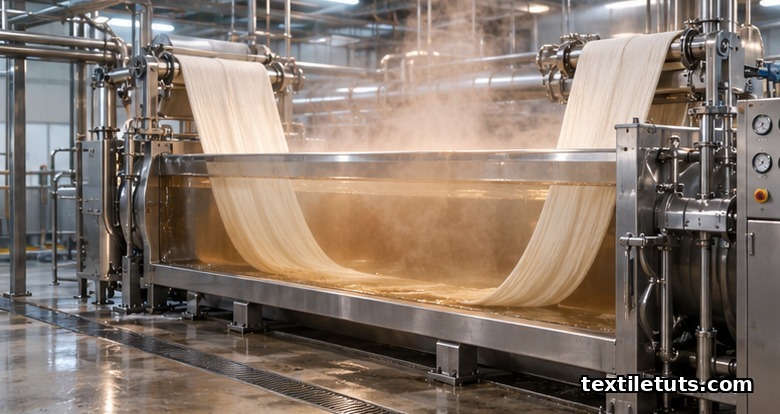 Industrial jet dyeing machine looping cotton jersey through a steaming enzyme bio-polishing bath.