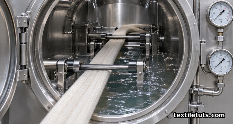 Open jet dyeing machine chamber showing cotton knit rope threaded through fabric guides during standard acid cellulase bio-polishing recipe.