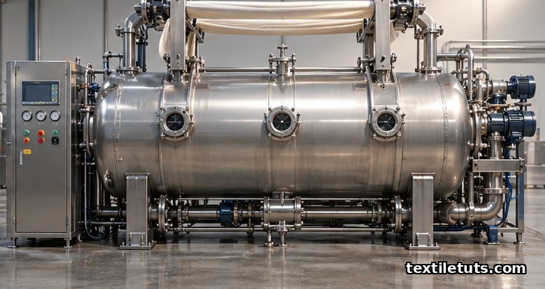 Stainless steel industrial jet dyeing vessel and controller cabinet used for cotton bio-polishing.