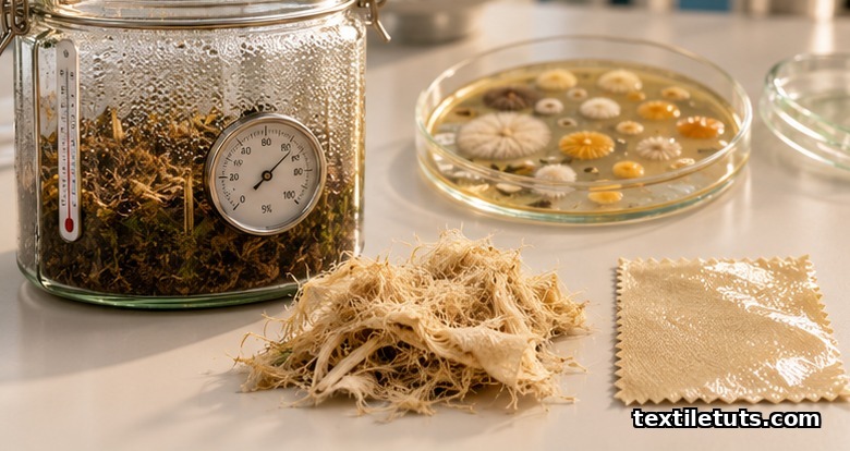 Laboratory setup with composting chamber, thermometer, hygrometer, and Petri dish of cellulolytic microbes beside an untreated bamboo textile swatch.