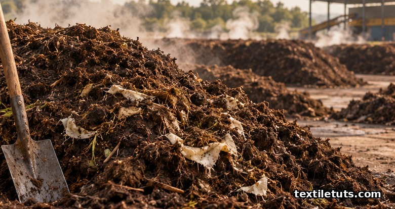 Industrial composting windrows with steam rising from dark organic compost and bamboo textile scraps integrated into the active pile.