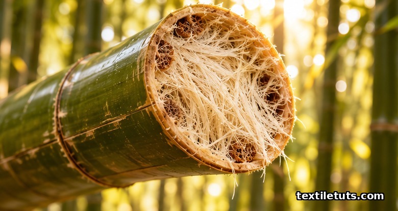 Close-up of a freshly cut bamboo culm showing fibrous cellulose structure and vascular bundles, raw plant fiber for biodegradable textile.