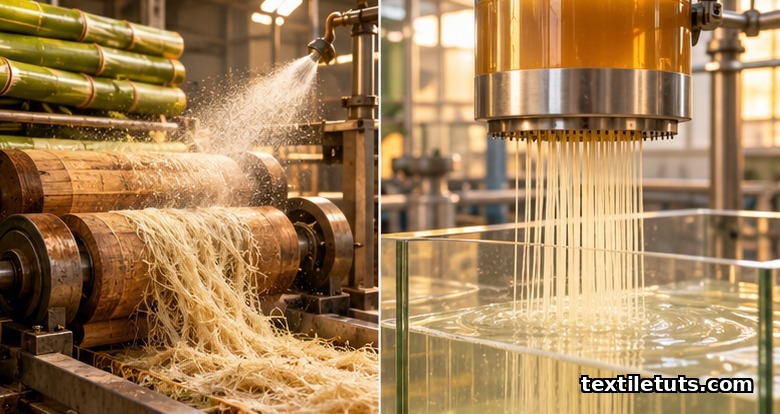 Split view of mechanical bamboo linen crushing rollers and chemical viscose filament extrusion spinneret for bamboo textile.