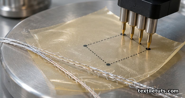 Macro close-up of a translucent polylactic acid film with cellulose-nanofibril-coated conductive fibers and a four-point probe touching it.