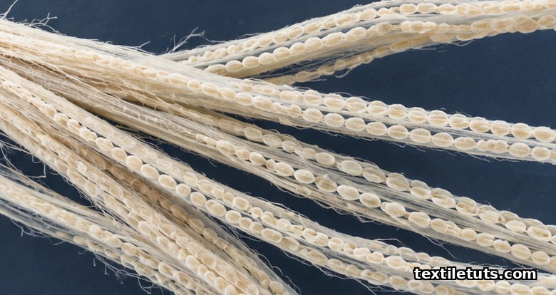 Micrograph-style view of pale cream flax bast cellulose fibers fanned across a dark slate-blue background.