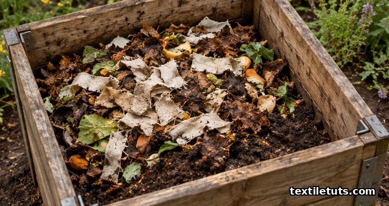 Open wooden backyard compost bin with torn pale linen strips layered with leaves, food scraps, and finished dark compost.