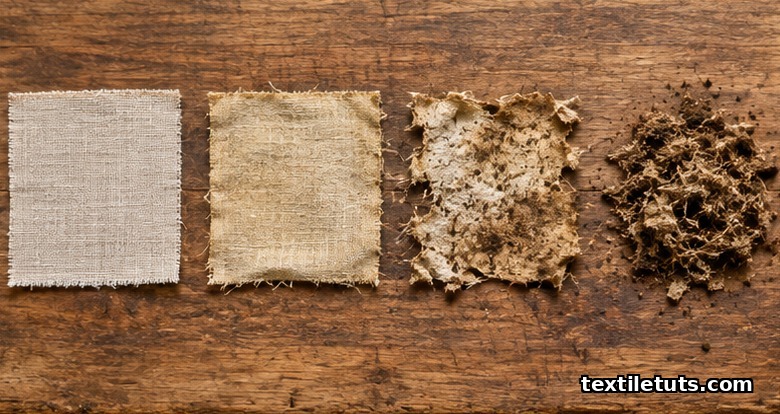 Four linen fabric swatches in progressive decomposition stages on a wooden board, from crisp beige to brown crumbly fibers.