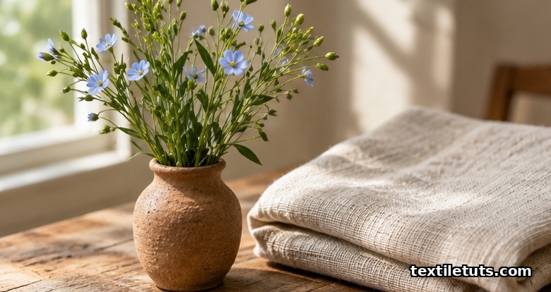 Fresh green flax plant stems in an earthen vase beside folded pale beige raw linen fabric on a weathered wooden table.