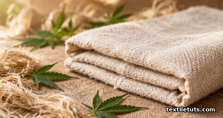 Folded natural undyed hemp fabric on linen with loose fibers and green hemp leaves, illustrating biodegradable textile.