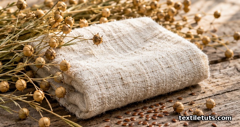 Natural cream linen fabric beside dried flax stems and seed pods, showing the textile's plant origin.