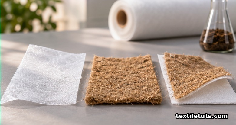 Three biodegradable nonwoven swatches: white PLA sheet, brown jute felt, and a layered PLA-jute hybrid web, arranged on a lab bench.