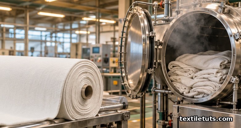 Editorial view inside a textile mill: roll of finished cotton knit beside an open jet dyeing machine loaded with greige cotton jersey.
