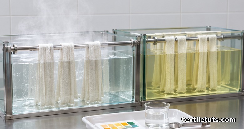 Two glass tanks of alkaline bleach liquor with cotton fabric strips submerged, one clear hot peroxide bath and one pale yellow cold hypochlorite bath.