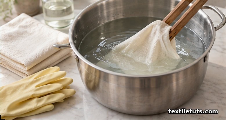 Stainless steel pot with clear bleaching solution beside a folded cream ivory fabric and rubber gloves on a marble counter.