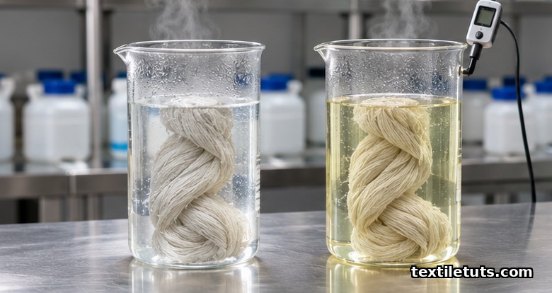 Two glass beakers on a steel bench holding greige cotton yarn in clear peroxide and pale yellow hypochlorite bleach baths.