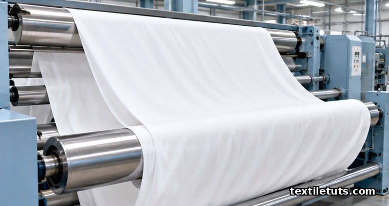 Bleached polyester knit fabric draped over stainless steel rollers on an industrial textile finishing range, brilliant white.