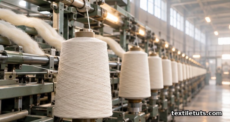 Modern spinning mill interior showing ring-spinning frames producing poly-cotton and wool-acrylic blended yarn onto bobbins.