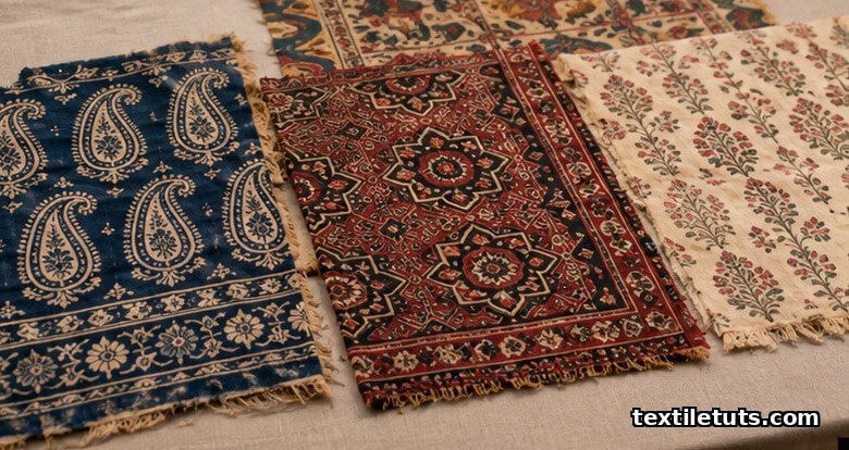 Historical block-printed textile fragments from India including indigo paisley, Kutch ajrakh, and Sanganer floral motifs.