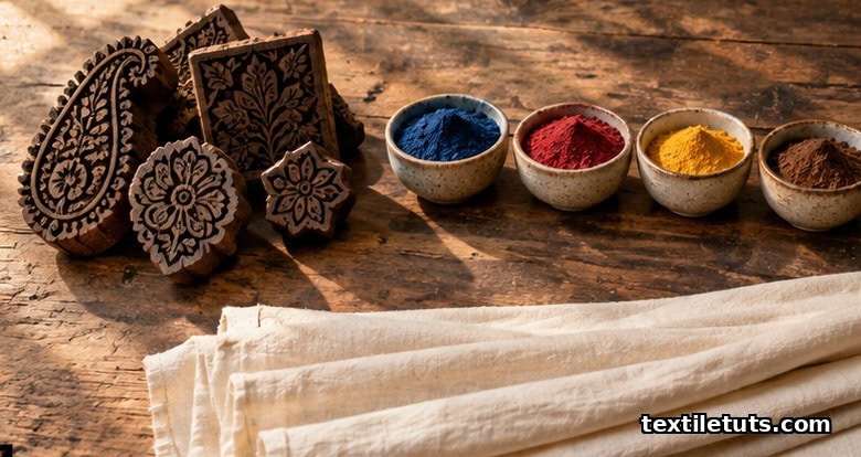 Flat-lay of carved teak printing blocks beside bowls of indigo, madder, pomegranate, and catechu dyes on weathered wood.