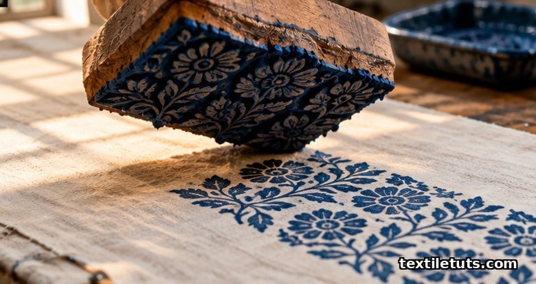Carved teak block being lifted from natural cotton fabric on a printing table, leaving a fresh indigo paisley repeat behind.