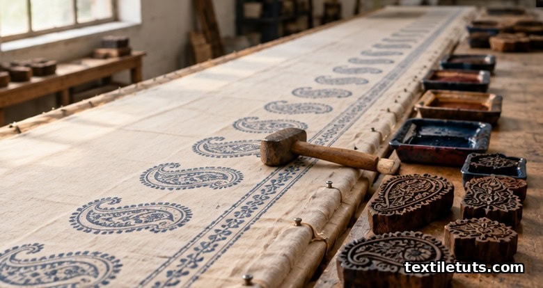 Long padded printing table with pinned cotton fabric, dye trays, carved wooden blocks, and a wooden mallet ready for printing.