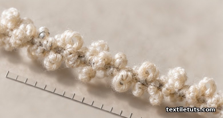 Extreme macro close-up of a boucle yarn showing tight irregular ringlet loops protruding from a thin central core thread.