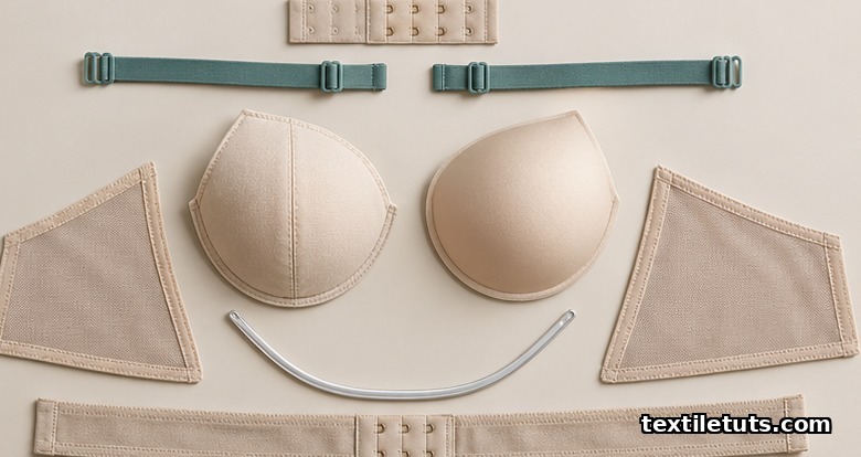 Exploded flat-lay of bra components including underband, powernet wings, cup shells, straps with sliders, hook closure, and underwire channel.