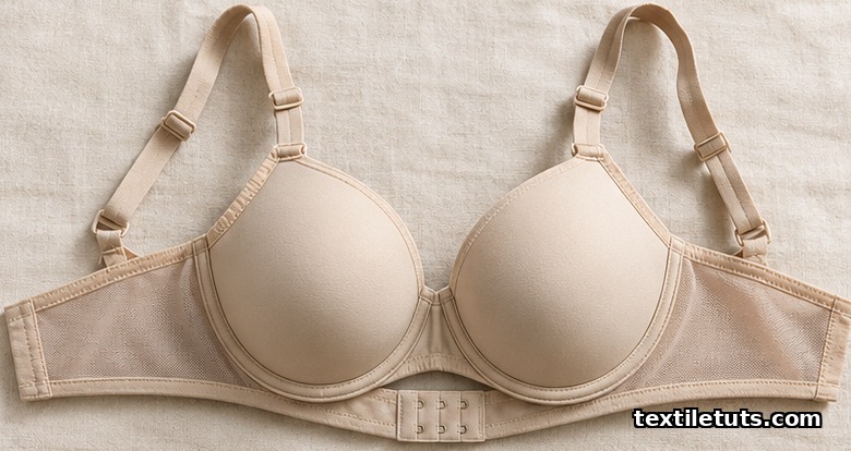 Flat-lay product photo of a finished underwire bra showing the band, wings, molded cups, straps, and hook closure on a neutral linen surface.