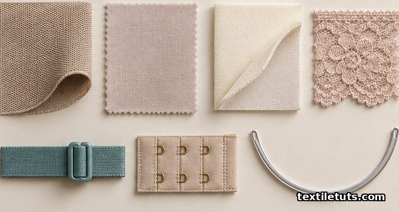 Macro flat-lay of bra material swatches: powernet knit, foam laminate, lace trim, jersey, strap webbing, hook-and-eye closure, and underwire.