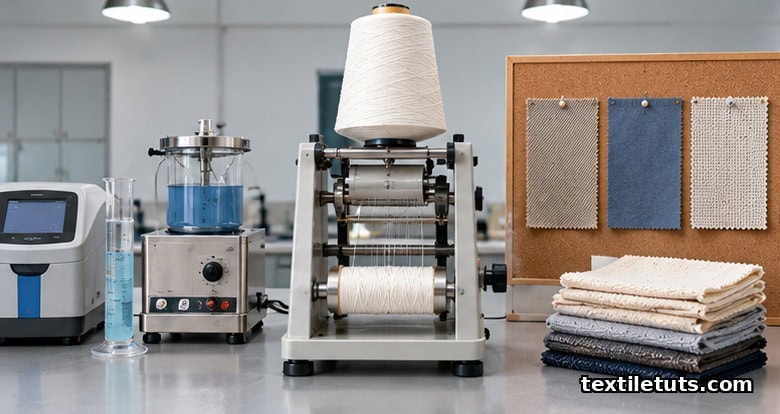 University textile lab with a yarn-winding machine, woven swatches, and a dyeing beaker on a benchtop.